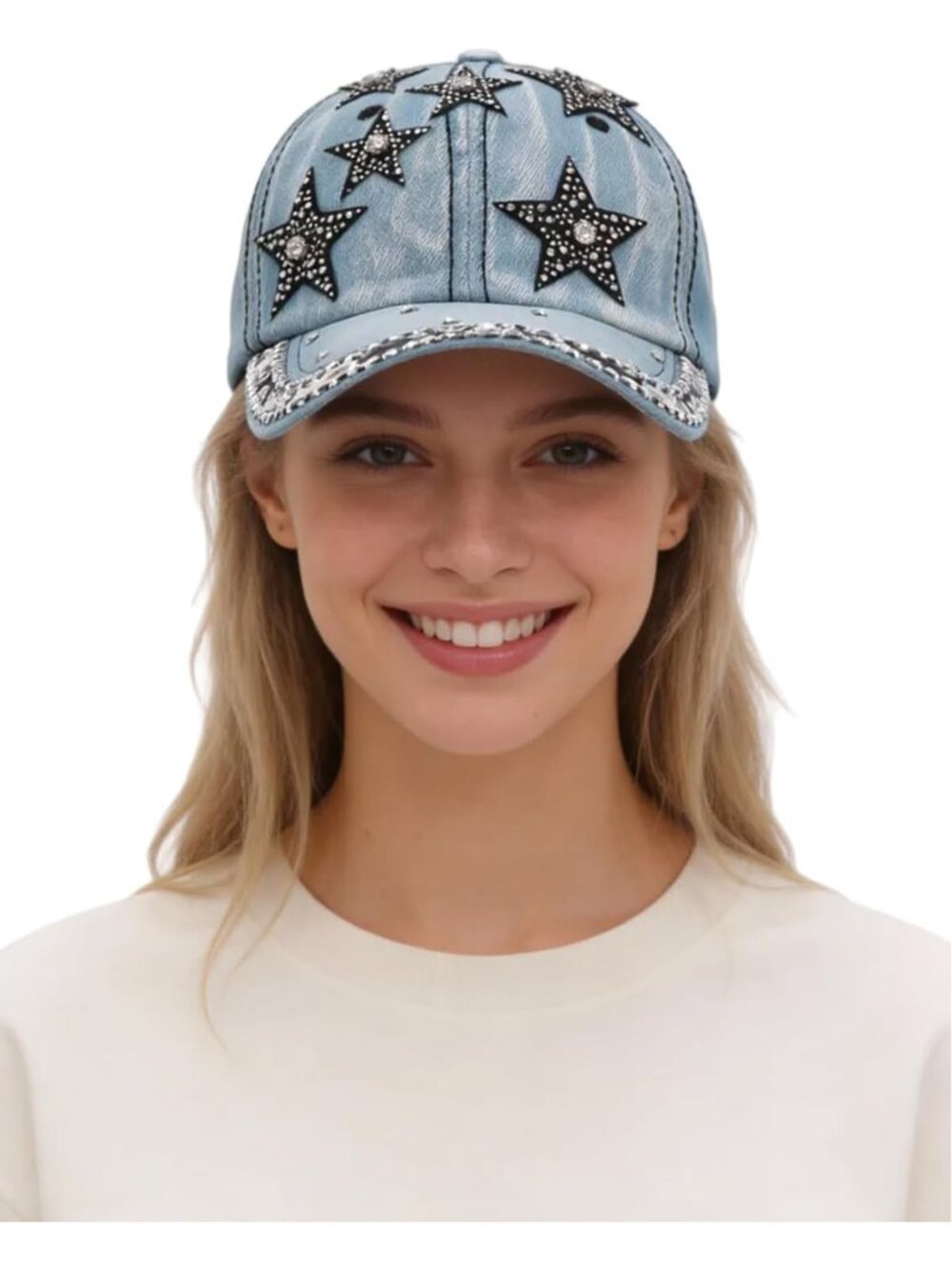 Bejeweled Rhinestone Denim Baseball Cap with Pearls & Bowknot - Women's Sun Hat